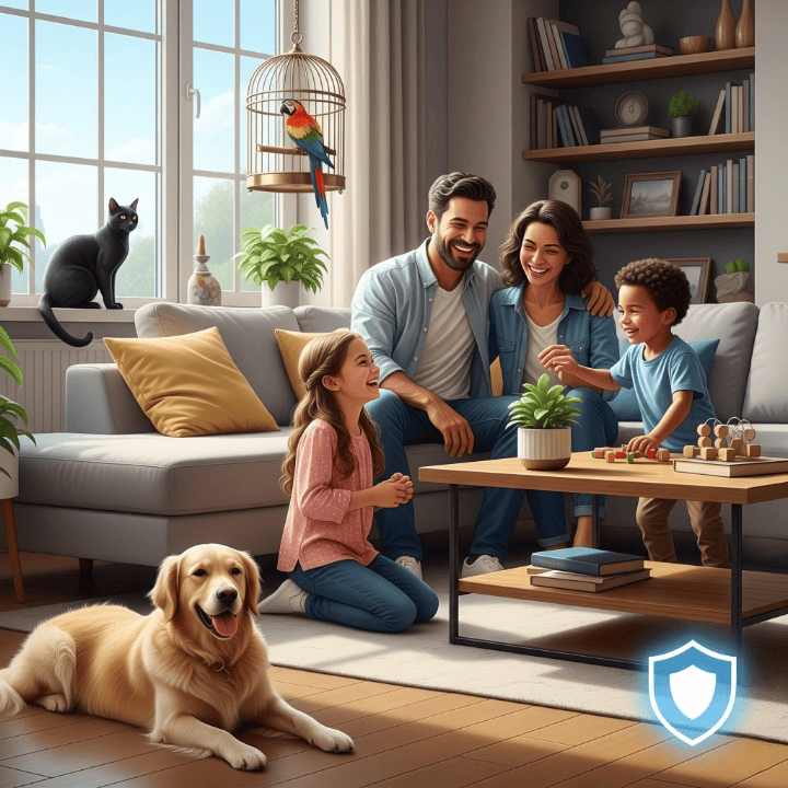 A happy family with their healthy pets, symbolizing the peace of mind and protection offered by pet insurance.