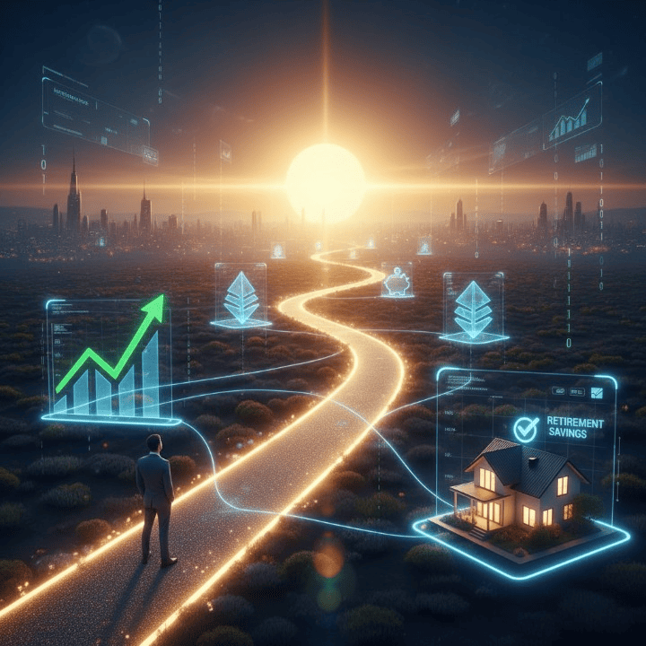 A step-by-step guide to financial freedom, featuring elements of budgeting, investing, crypto, insurance, and retirement planning. Icons representing growth and security are visible.
