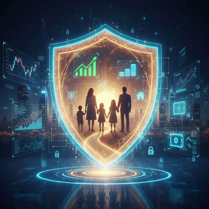 A protective shield over a family, symbolizing financial security and life insurance protection.