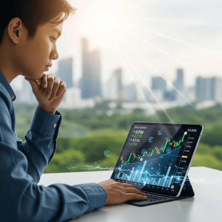 Young person planning retirement finances on a tablet, symbolizing early investment and long-term financial security.