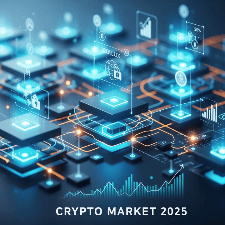 Futuristic digital landscape showing crypto market trends, blockchain, and regulatory impact in 2025.
