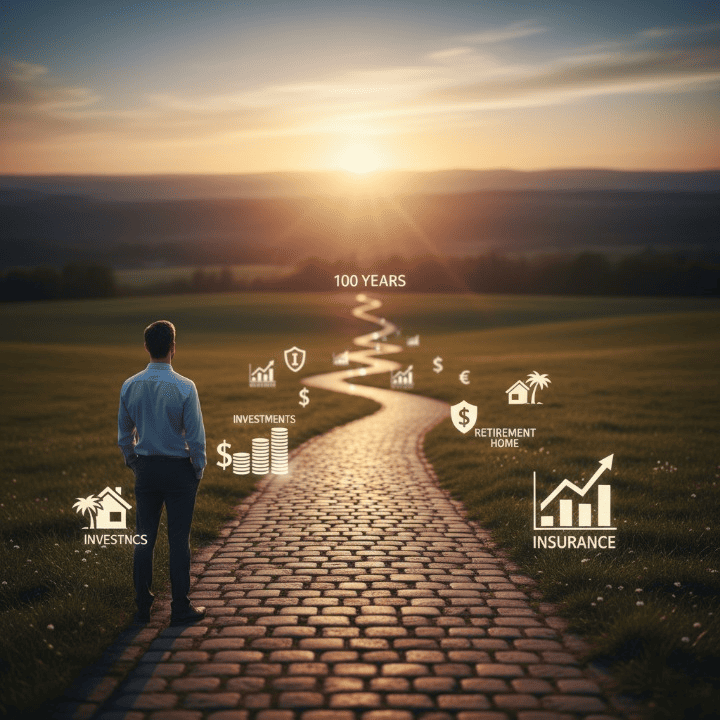 A conceptual image illustrating the journey of financial preparedness for living to 100, featuring a long path with investment and insurance symbols.