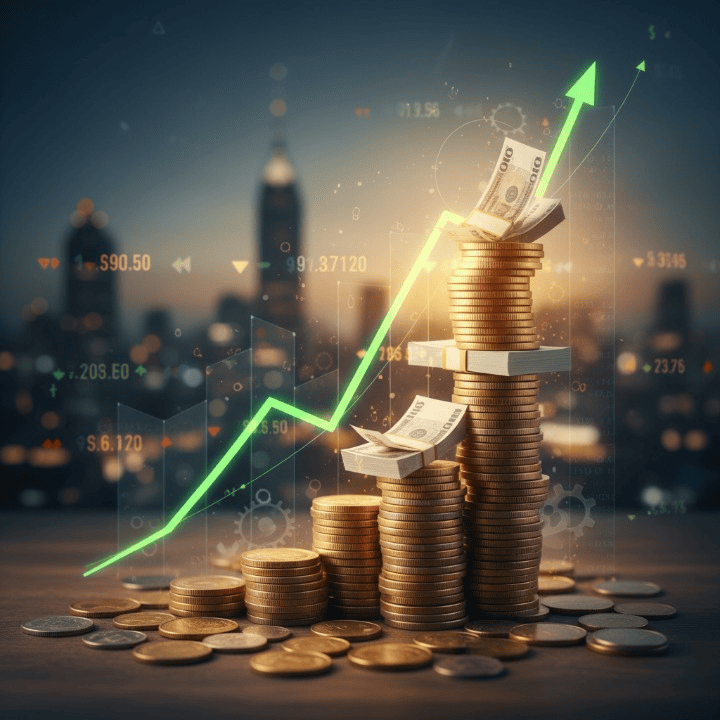 A visual representation of money growing exponentially over time, symbolizing the power of compound interest with coins, growth charts, and a clock.