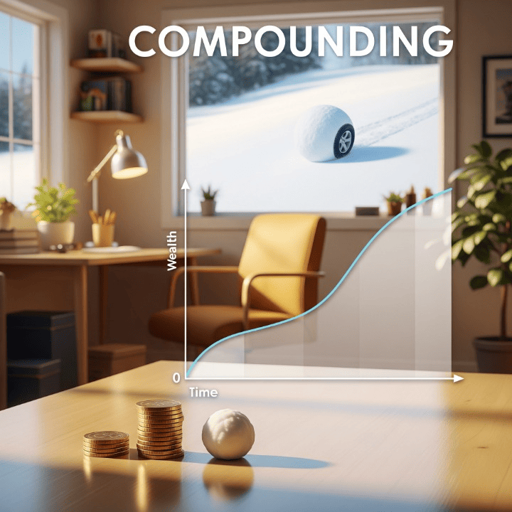 A realistic image illustrating the power of compounding. A small stack of coins sits next to a small snowball, while a nearby graph shows an exponential growth curve. In the background, a large snowball rolls downhill, symbolizing how small investments can grow exponentially over time with compound interest.