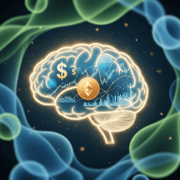 An illustration representing the intersection of psychology and finance, showing a brain interacting with investment charts and financial assets, symbolizing personal risk tolerance in decision-making.