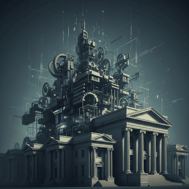 A metaphorical image showing shadows of financial institutions, perhaps gears, operating in the background of a regulated banking system, highlighting complexity and less visible risks.
