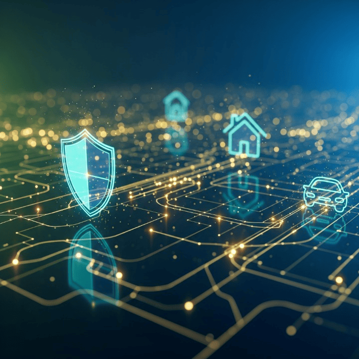 Digital illustration showing the technological revolution in insurance with interconnected data streams, AI, IoT, and blockchain symbols leading to personalized solutions, represented by a unique, tailored shield.