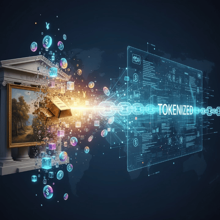 Illustration of real-world assets like buildings and art being transformed into digital tokens on a blockchain, symbolizing the tokenization process.