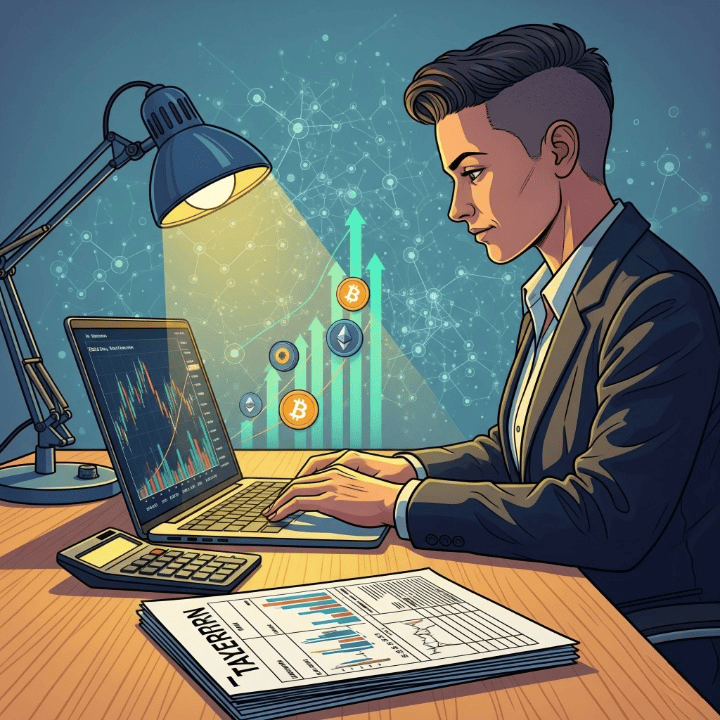 An illustration of a person managing cryptocurrency taxes. It includes a laptop with crypto graphs, a calculator, and tax forms, against a blockchain background.