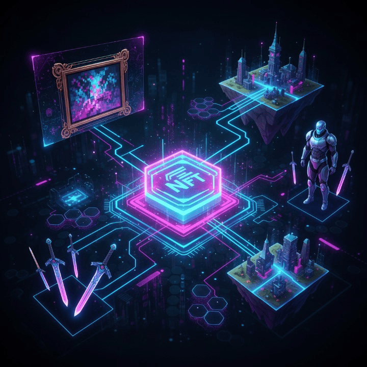 A visually rich representation of the NFT ecosystem, showing interconnected digital assets on a blockchain, symbolizing unique digital ownership and the technology behind non-fungible tokens.