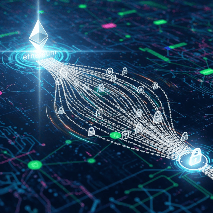 Conceptual illustration of Zk-Rollups accelerating Ethereum transactions. An Ethereum logo at the center, with streams of data bundling off-chain and returning, secured by cryptographic proofs, symbolizing enhanced blockchain scalability and efficiency.