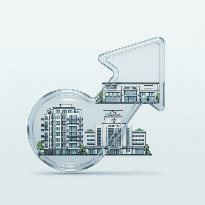 An illustration of a stock ticker symbol. The ticker is transparent and contains a portfolio of buildings inside. This symbolizes a Real Estate Investment Trust (REIT), which is a company that owns property but trades on the stock market like a single stock.