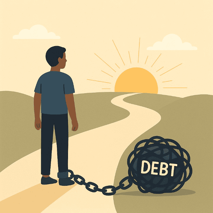 An illustration of a person leaving a heavy, tangled ball of "Debt" behind them as they start on a new, clear path toward a sunrise. This image symbolizes bankruptcy as a legal tool that provides a financial fresh start.