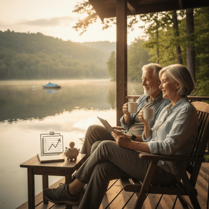 A retired couple enjoying a peaceful and comfortable life, sitting on a porch with a scenic view, symbolizing a well-planned financial future.