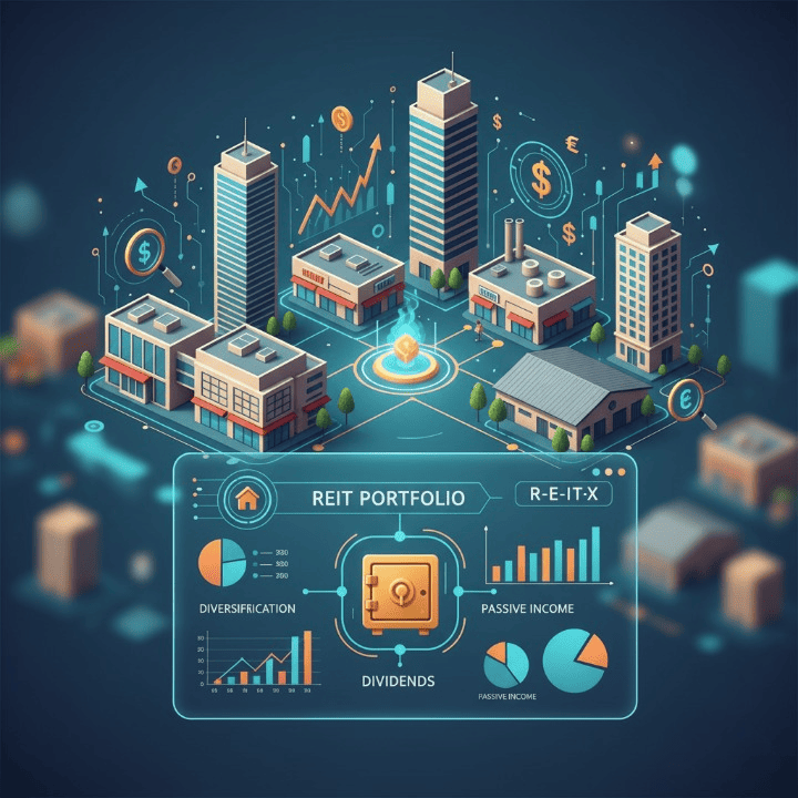 A conceptual image showing various commercial real estate buildings (office, retail, industrial) flowing into a digital interface with financial charts and currency symbols, representing REIT investments and passive income.
