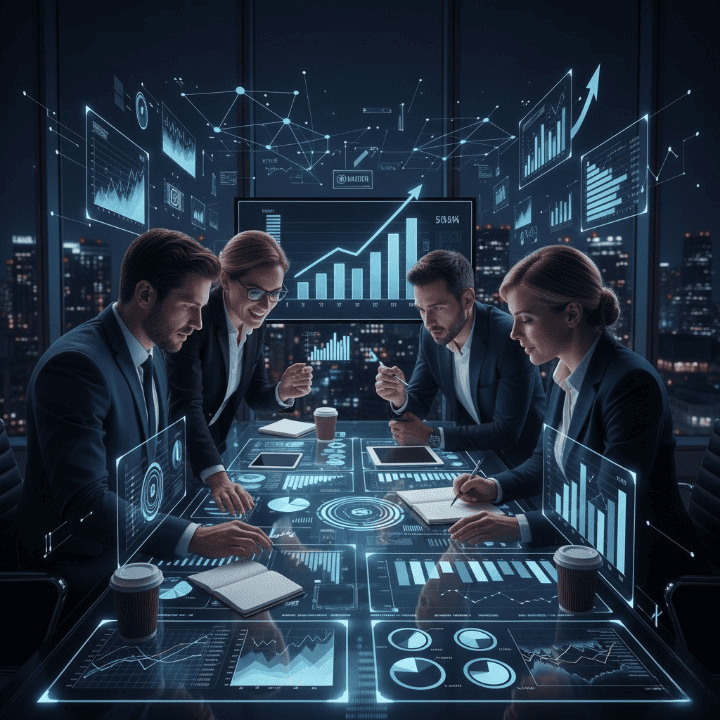 Professionals analyzing data in a modern VC office, representing a career in venture capital and startup investing.