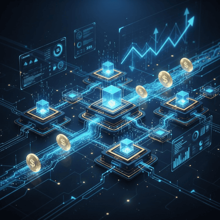 An illustration of digital assets and cryptocurrencies flowing into interconnected nodes, symbolizing DeFi yield farming liquidity pools and the generation of high returns in a futuristic decentralized finance landscape.