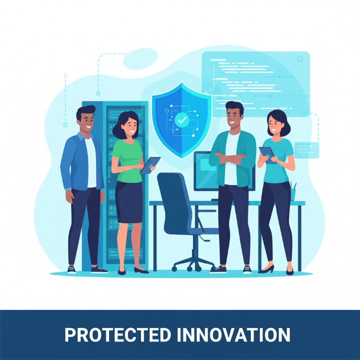 Tech startup team protected by Errors & Omissions (E&O) insurance, symbolizing security against professional liability claims in a modern office setting.