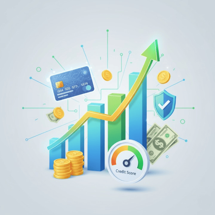 An upward-trending financial graph surrounded by credit cards, coins, and a security shield, symbolizing the positive impact of improving one's credit score on overall financial health and security.