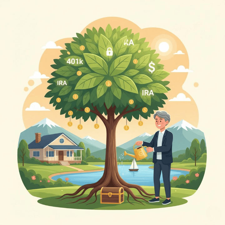 A person in their 50s watering a money tree, symbolizing growth in 401k and IRA accounts after maximizing catch-up contributions for retirement planning.