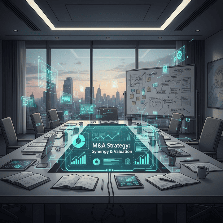 M&A Analyst working on a deal, surrounded by financial charts and team collaboration.