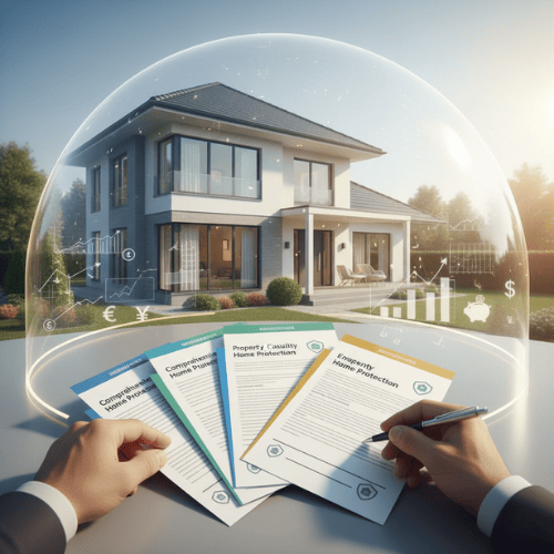 A house protected by a shield, with hands reviewing home insurance policy documents.