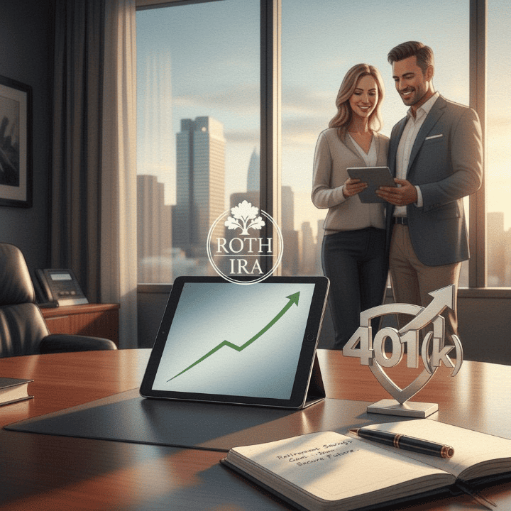 Illustration of a professional couple reviewing financial documents with symbols of a Roth IRA, 401(k), and growing investments, representing the Mega-Backdoor Roth strategy for high-income retirement planning.