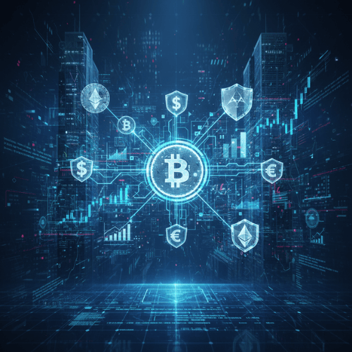 lockchain technology connecting various financial sectors like crypto, insurance, and investments, symbolizing its transformative role in the future of global finance.