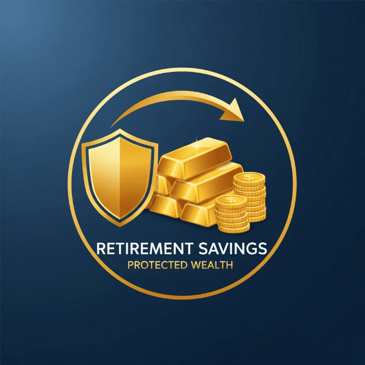 Illustration of gold coins and bars inside a retirement savings icon, representing Gold IRA investments and financial security.