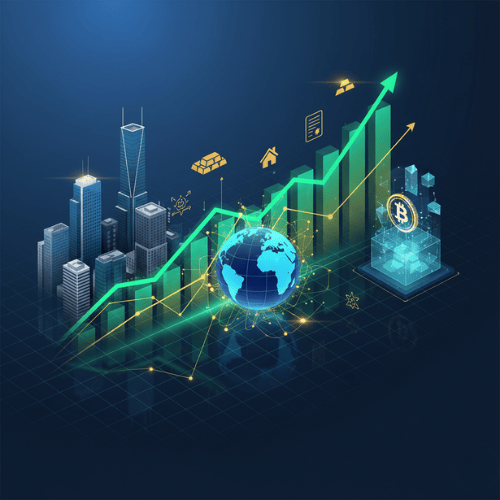 Abstract representation of financial growth and global market diversification through index funds, showing charts, a globe, and various asset types.